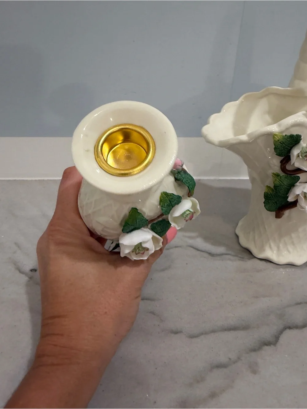 Porcelain White Floral Ceramic Vase and Basket Set